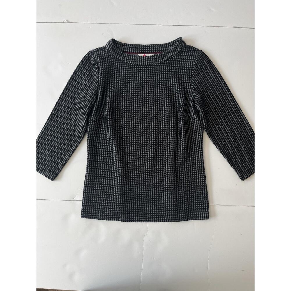 Boden Opal Blouse Women 6 Black Check Mock Neck 3/4 Sleeve Stretch Knit Jersey